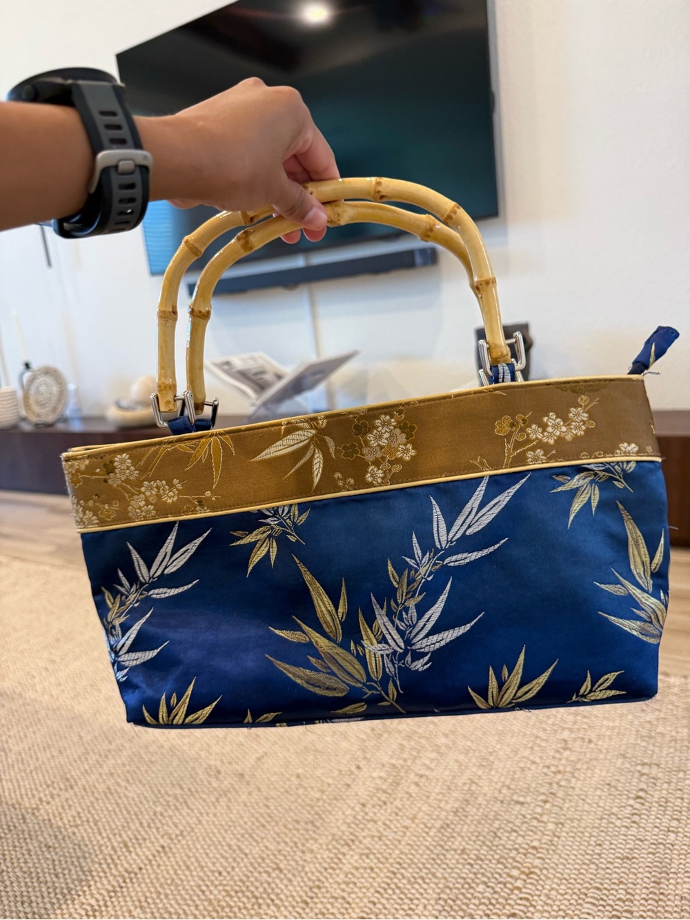 Women’s Blue and Gold Bamboo-Handle Satin Tote